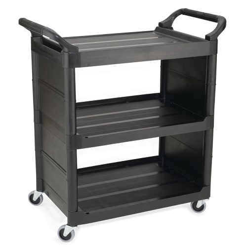 Rubbermaid FG342100BLA 33 5/8"L Polymer Bus Cart w/ (3) Levels, Shelves, Black