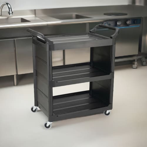 Rubbermaid FG342100BLA 33 5/8"L Polymer Bus Cart w/ (3) Levels, Shelves, Black