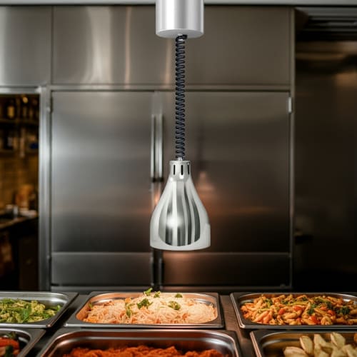 Hatco DL-500-RTL 71 7/8" Track Mount Heat Lamp w/ Retractable Cord - Lower Switch, Bright Nickel, 120v