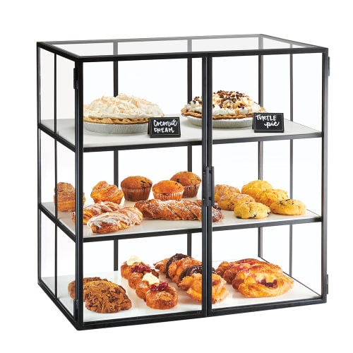 Cal-Mil 22116-13 3 Tier Pastry Display Case w/ Swing Doors - 26 1/2"W x 17"D x 26 3/4"H, Acrylic/Steel, Black