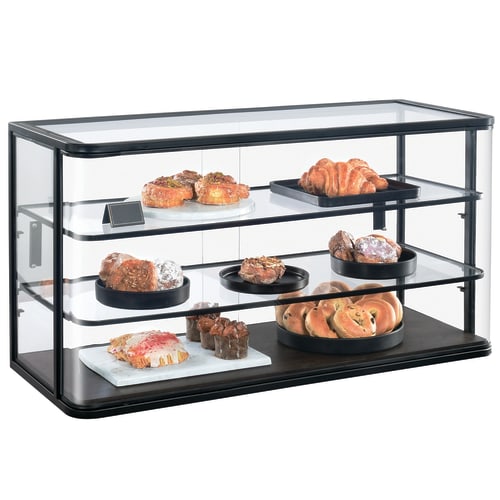 Cal-Mil 22416-112 3 Tier Pastry Display Case - 42"W x 17"D x 23"H, Dark Stained Oak Wood/ Black Metal