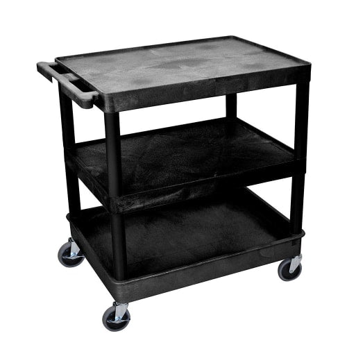 Luxor 3 Level Polymer Utility Cart w/ 400 lb Capacity - Raised Ledges, Black (TC221-B)