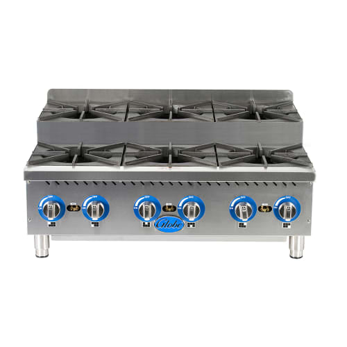 Globe GHPSU636G 36" Gas Hotplate w/ (6) Burners & Manual Controls, Convertible