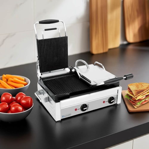 Eurodib SFE02365-240 Double Commercial Panini Press w/ Cast Iron Grooved Plates, 240v/1ph