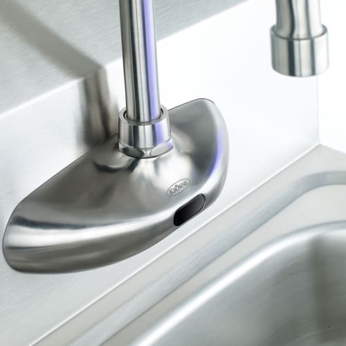 Krowne 16-670 Wall Mount Electronic Faucet - 4" Centers, High Arc Spout, Satin Finish