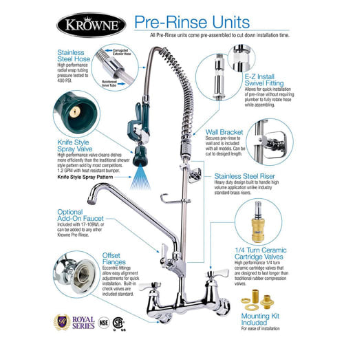 Krowne 18-706L 22 1/2"H Wall Mount Pre Rinse Faucet - 1 1/5 GPM, Base with Nozzle