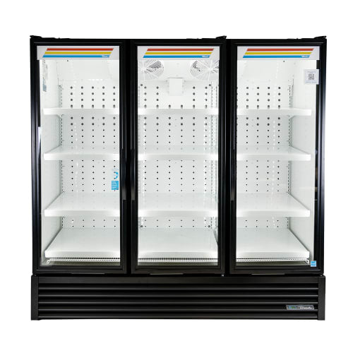 True FLM-81~TSL01 80 3/4" FLM Series Three Section Glass Door Merchandiser - (3) Left/Right Hinge Doors, Black, 115v