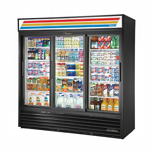 True GDM-69-HC-LD 78 1/8" GDM Series Three Section Glass Door Merchandiser - (3) Sliding Doors, Black, 115v