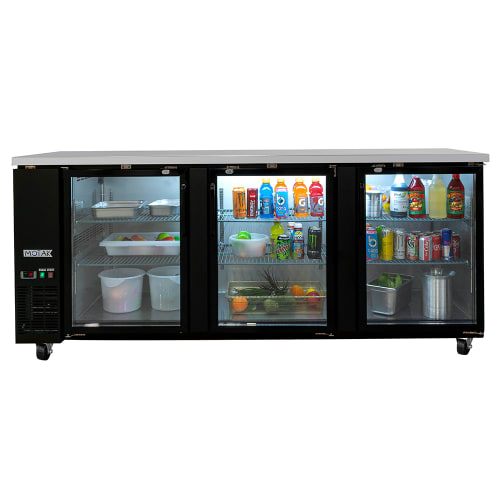 MoTak MBB-3D-90-G-X 90 3/8" Bar Refrigerator - 3 Swinging Glass Doors, Black, 115v