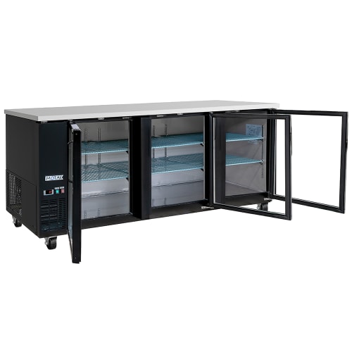 MoTak MBB-3D-90-G-X 90 3/8" Bar Refrigerator - 3 Swinging Glass Doors, Black, 115v