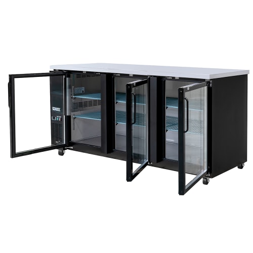 MoTak MBB-3D-90-G-X 90 3/8" Bar Refrigerator - 3 Swinging Glass Doors, Black, 115v
