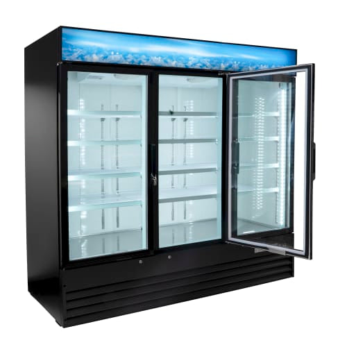 MoTak MGD-3DR-80-X 78 3/8" Three Section Glass Door Merchandiser - (2) Left/Right Hinge Doors, Black, 115v