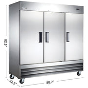 MoTak MRIR-3D 80 9/10" Three Section Reach In Refrigerator, (3) Left/Right/Right Hinge Solid Doors, 115v