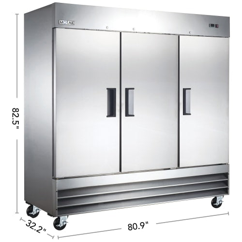 MoTak MRIR-3D 80 9/10" Three Section Reach In Refrigerator, (3) Left/Right/Right Hinge Solid Doors, 115v