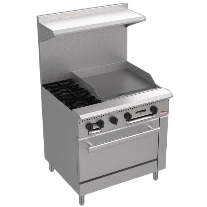 BakeMax America BAS36-12 36" Commercial 2-Burner Gas Range with 24" Griddle & Bakery Oven