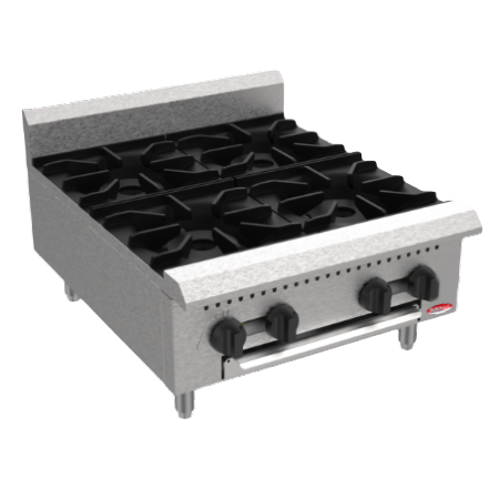 BakeMax America BAFA4M-24 Commercial 24" 4-Burner Countertop Gas Hot Plate – Manual Controls, 100,000 BTU.