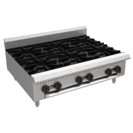 BakeMax America BAFA6M-36 36” Commercial Countertop Manual Gas Hot Plate – 6 Burner, 150,000 BTU.