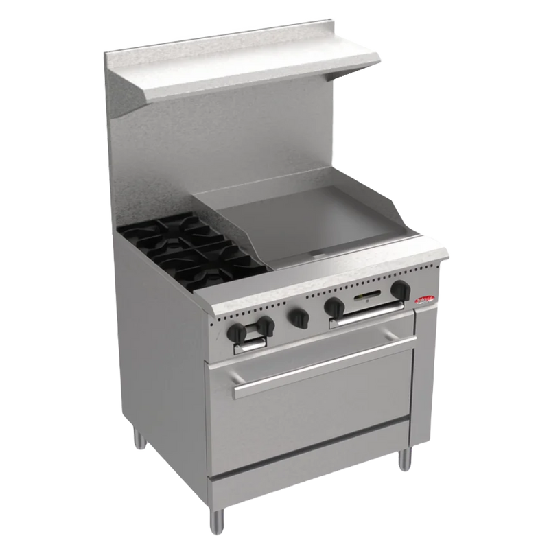 BakeMax America BAS36-12 36" Commercial 2-Burner Gas Range with 24" Griddle & Bakery Oven.