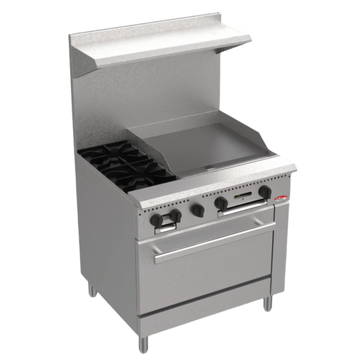 BakeMax America BAS36-12 36" Commercial 2-Burner Gas Range with 24" Griddle & Bakery Oven.