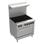 BakeMax America BAS36O 36" Commercial 6-Burner Gas Range with Bakery Oven – 185,000 BTU Stainless Steel Floor Model.