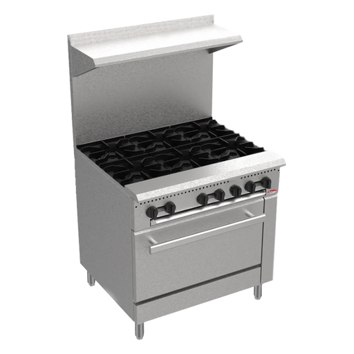 BakeMax America BAS36O 36" Commercial 6-Burner Gas Range with Bakery Oven – 185,000 BTU Stainless Steel Floor Model.