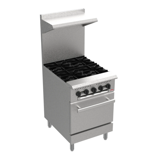 BakeMax BAS24O 24" Commercial Gas Range with 4 Burners & Bakery Oven – 130,000 BTU.