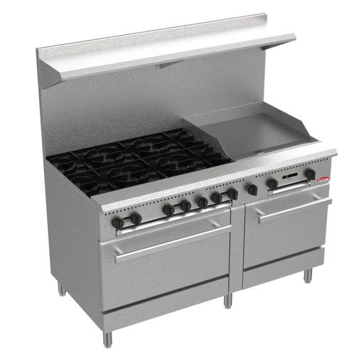 BakeMax BAS36-24-2 Commercial 60" Gas Range with 6 Burners, 24" Griddle & Two Bakery Ovens.