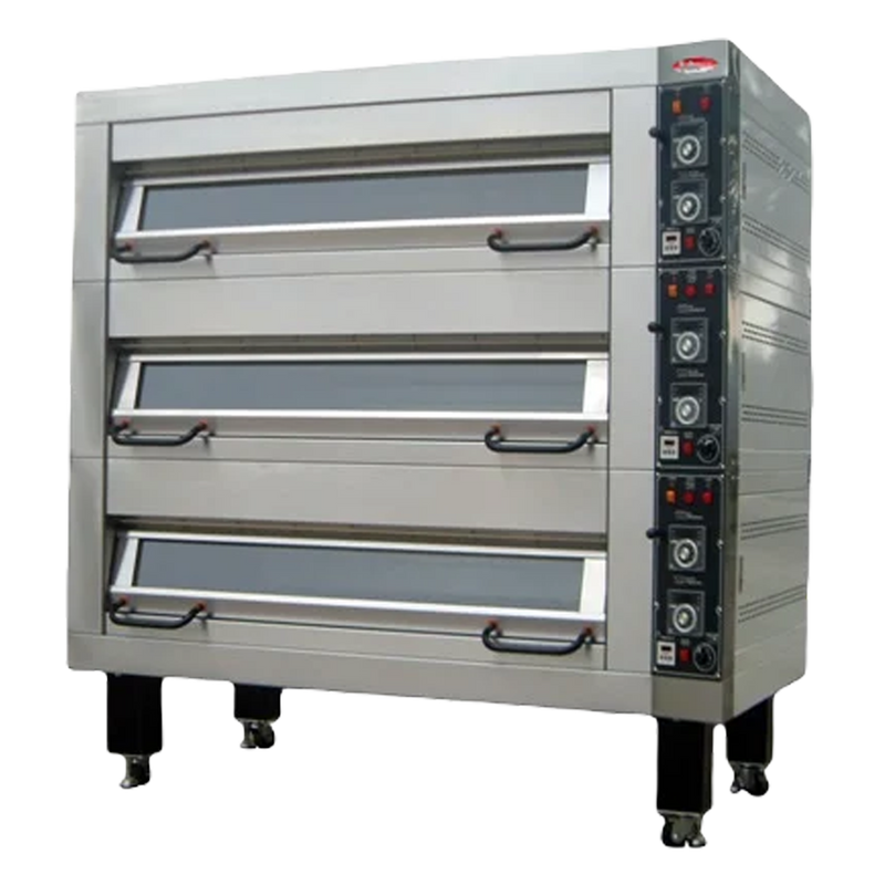 BakeMax BMDDD04 Four Deck Two Pan Wide Electric Artisan Stone Deck Oven.