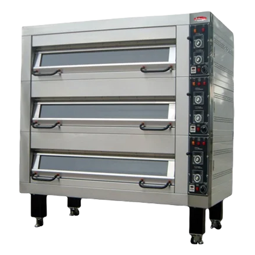 BakeMax BMDDD04 Four Deck Two Pan Wide Electric Artisan Stone Deck Oven.